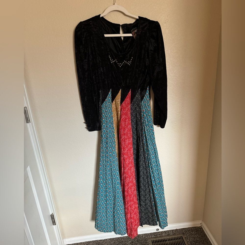 Vintage Circle T Western Velour Patchwork Maxi Dress Sz S Circus Witchy‎ Peasant